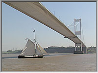 The Spry passing under the Severn Bridge